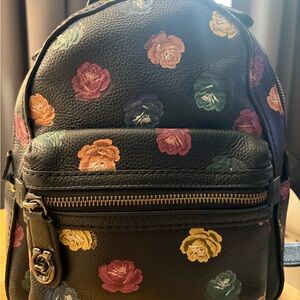 Coach Black Pebbled Leather Mini Backpack with Multicolor Floral Print